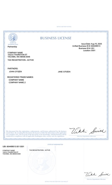 USA Washington business license Word and PDF template